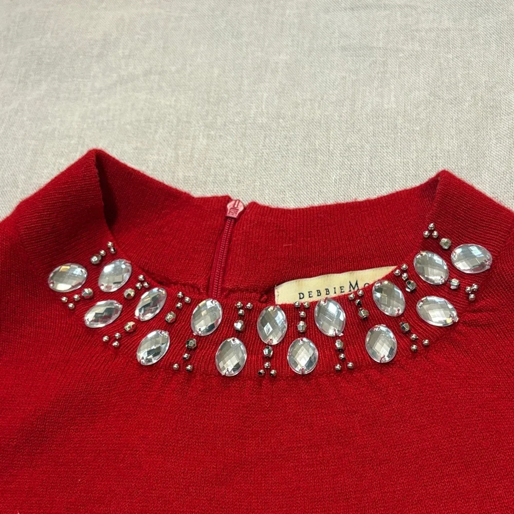 Debbie Morgan Red‎ Sweater with Jewel Neckline woman’s size XL embelished